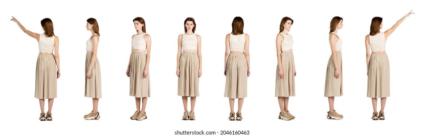 Collage of a young woman, girl wearing light color outfit standing isolated over white background. Profile, front and back view. Horizontal flyer with copy space for ad, text