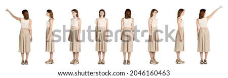 Collage of a young woman, girl wearing light color outfit standing isolated over white background. Profile, front and back view. Horizontal flyer with copy space for ad, text