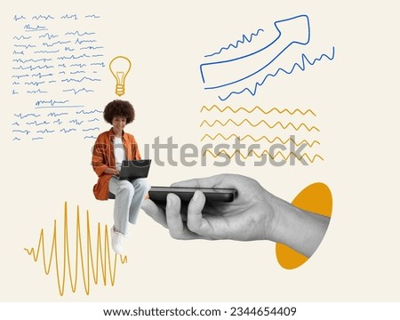 Collage with a young woman sitting on the phone and typing on a laptop. Storytelling and blogging. Foto stock © 
