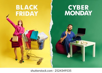 Collage. Young woman standing next to shopping cart with many bags and making selfie with phone. Man doing online shopping via laptop. Black Friday, Cyber Monday, online and offline shopping concept - Powered by Shutterstock