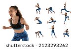 Collage of young woman, track atheletes doing stretching before run, training isolated over white background. Concept of sportive and active lifestyle, strength, motivation and ad