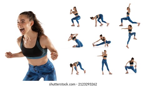 Collage of young woman, track atheletes doing stretching before run, training isolated over white background. Concept of sportive and active lifestyle, strength, motivation and ad