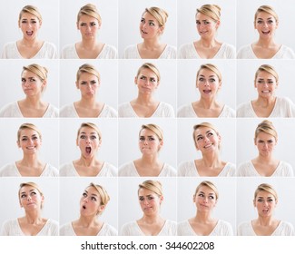 Collage of young woman with various expressions over white background - Shutterstock ID 344602208