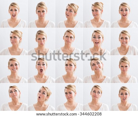 Collage of young woman with various expressions over white background