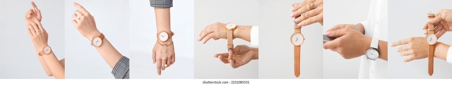 Collage of young woman's hands with stylish wristwatches on light background