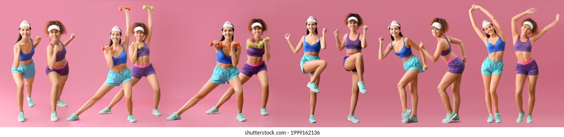 Collage of young women doing aerobics on color background