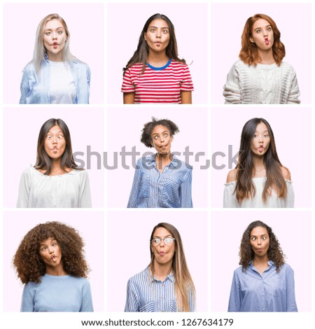 Collage of young women over pink isolated background making fish face with lips, crazy and comical gesture. Funny expression.