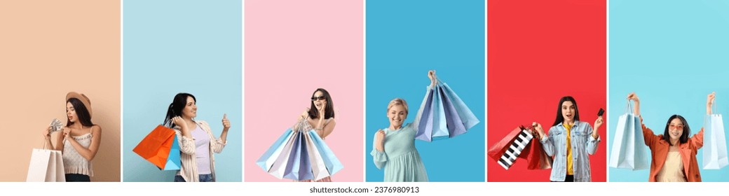 Collage of young women with shopping bags on color background