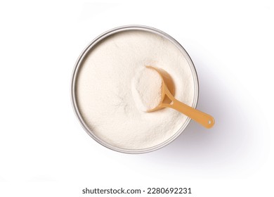 Collagen powder or milk powder in can with spoon isolated on white background with clipping path, top view, flat lay.