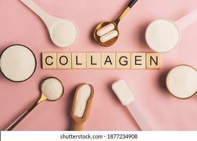 Collagen powder and pills spoons on pink background. Extra protein intake. Natural beauty and health supplement for skin, bones, joints and gut. Plant or fish based. Flatlay, top view. Copy space. - Shutterstock ID 1877234908