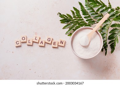 Collagen Powder And Quote Collagen Made Of Wooden Blocks, Top View