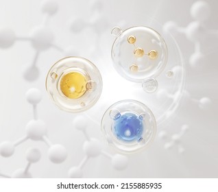 Colágeno burbuja de suero sobre fondo molécula, aceites cosméticos líquido de publicidad 3d renderizado.