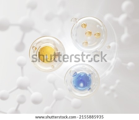 Collagen Serum bubble on Molecule Background, cosmetic oil liquid advertising 3d rendering.