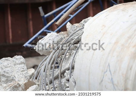 Collapsed bridge piers, bottom view of concrete piers  caused by collapse:Use for website banner background,backdrop