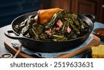 Collard Greens: Slow-cooked collard greens with smoky ham hocks, seasoned with garlic and onion. Served as a hearty, flavorful side dish, perfect with cornbread.