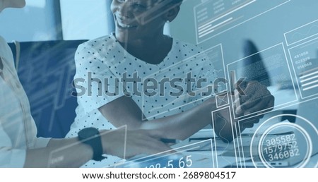 Colleagues in blouses analyzing printed documents and charts in meeting room, with coffee and phone. Collaboration, dataanalysis, professionalism, moderndesign, teamwork, corporate, businesswomen
