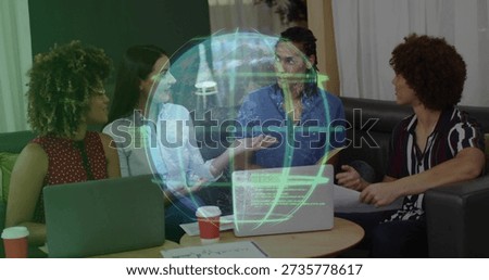 Colleagues collaborating around table in office with laptops, documents, digital globe projection. Collaboration, teamwork, modernoffice, digitaltechnology, innovation, brainstorming,