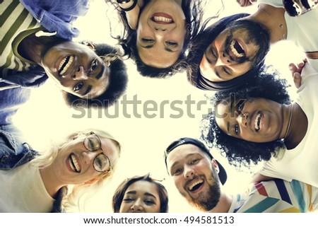 Similar – Young happy people with their heads together having fun in summer party