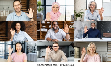 Colleagues Greeting Each Other During Online Morning Meeting. Video Call Screen With Group Of Diverse Office Employees Waving Hello, Nine People Have Video Conference, Involved In Educational Webinar