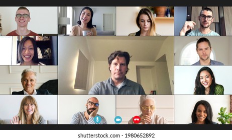 Colleagues having a video conference while working from home during the coronavirus pandemic - Shutterstock ID 1980652892