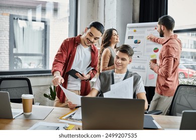 Colleagues interact casually while at workplace.