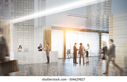 Colleagues In Lobby Of Office With Reception Counter And Meeting Room With Glass Doors. Concept Of Modern  Workspace. 3d Rendering. Mock Up. Toned Image. Double Exposure