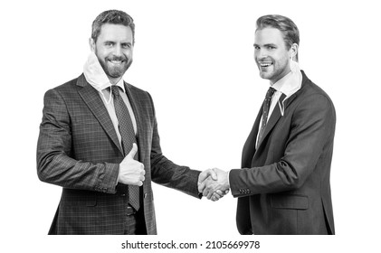 Colleagues In Mask Shaking Hands After Business Deal During Coronavirus Pandemic, Partners.