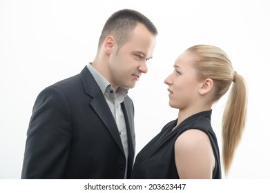 Colleagues Shouting Against Each Other, Man Is Dominating Over Woman, Isolated On White Background