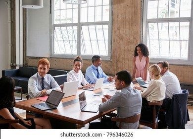 Businesswoman Leads Meeting Around Table Shot Stock Photo (Edit Now ...