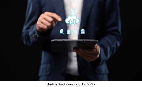 Collect data through the online cloud system big data Hologram Icon