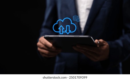 Collect data through the online cloud system big data Hologram Icon