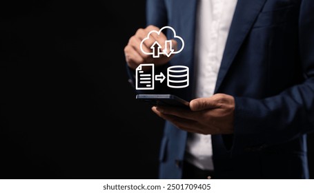 Collect data through the online cloud system big data Hologram Icon