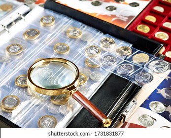 Collecting Coins Numismatics. Album With Magnifying Glass