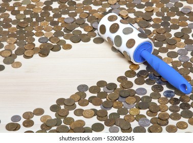 Collecting Coins On Sticking Rollover. Finance Concept.