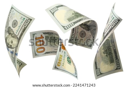 Collection of 100 dollars banknotes, isolated on white background