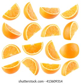 Collection Of 16 Orange Slices Isolated On White Background