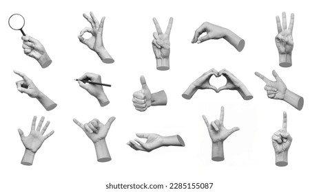 Collection of 3d hands showing gestures ok, peace, thumb up, point to object, shaka, rock, holding magnifying glass, writing on white background. Contemporary art, creative collage. Modern design
