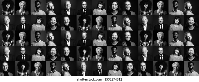 Collection of 9 happy people faces - black and white edition - Shutterstock ID 1532274812