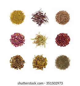 Collection Of 9 Types Herbal Tea Isolated