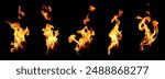 collection abstract flame isolated black background. concept of effect texture ablaze, graphic design bonfire, blaze at night. burn of fire sizzling, danger explosion