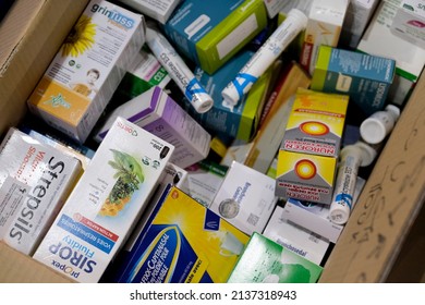 Collection Of Aid Goods Humanitarian Packages To Be Delivered To Ukraine To Help The Local Population  In Brussels, Belgium, 19 March 2022.