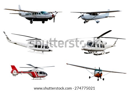Collection of airplane and helicopter isolated over white background