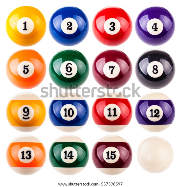 a collection of all the\
pool or snooker balls with the cue ball isolated over a white\
background