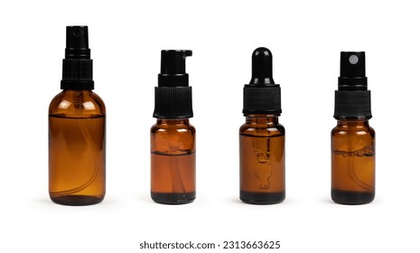 Collection amber glass bottles for cosmetics, natural medicine, essential oils or other liquids isolated on a white background - Powered by Shutterstock