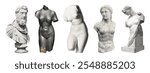 Collection of ancient marble statues, featuring male and female torsos. Classical sculptures with intricate details, showcasing ancient art and craftsmanship. Antique sculptures isolated on white.