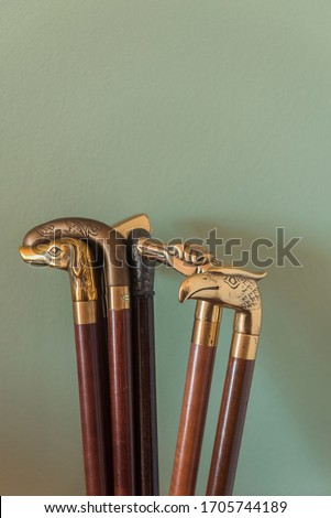 Collection of antique walking sticks with carved animal heads leaning against an olive green wall