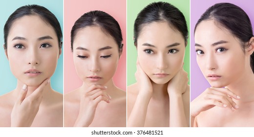 Collection of Asian beauty face, closeup portrait with clean and fresh elegant lady.