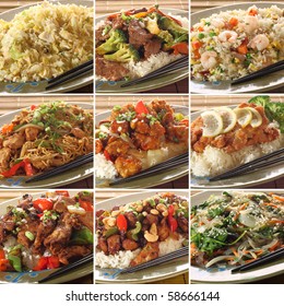 Collection Of Asian Food Dishes. Including Sweet And Sour Chicken, Beef And Broccoli, Chicken Chow Mein, Kung Pao Chicken And More.