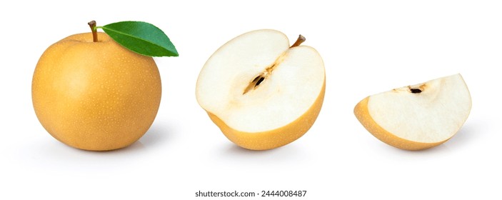 Collection of Asian pear (snow pear or korean pear) fruit and half sliced isolated on white background.  - Powered by Shutterstock