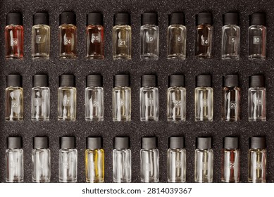 Collection of Assorted Perfume Sample Vials in Display Tray